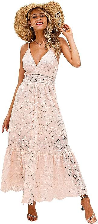 BerryGo Women's Embroidery Pearl Button Down Dress V Neck Spaghetti Strap Maxi Dress | Amazon (US)