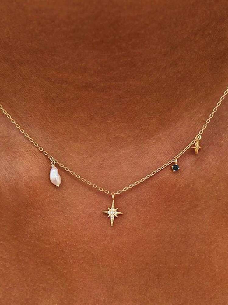 1pc Exquisite Cubic Zirconia Decor Star & Cultured Faux Pearl Sterling Silver Pendant Necklace For Women For Daily Decoration Holiday | SHEIN
