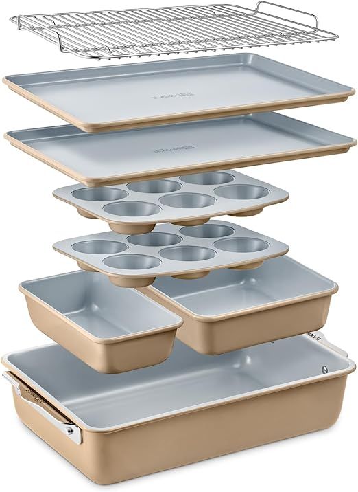 Bakken 8-Piece Stackable Bakeware Set - Ceramic Non-Stick Coating, Baking Sheets, Assorted Baking... | Amazon (US)