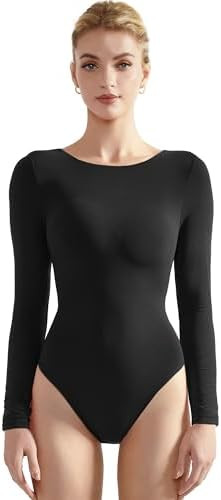 SUUKSESS Women Crew Neck Long Sleeve Bodysuit Sexy Thong Bodysuit Shirts | Amazon (US)