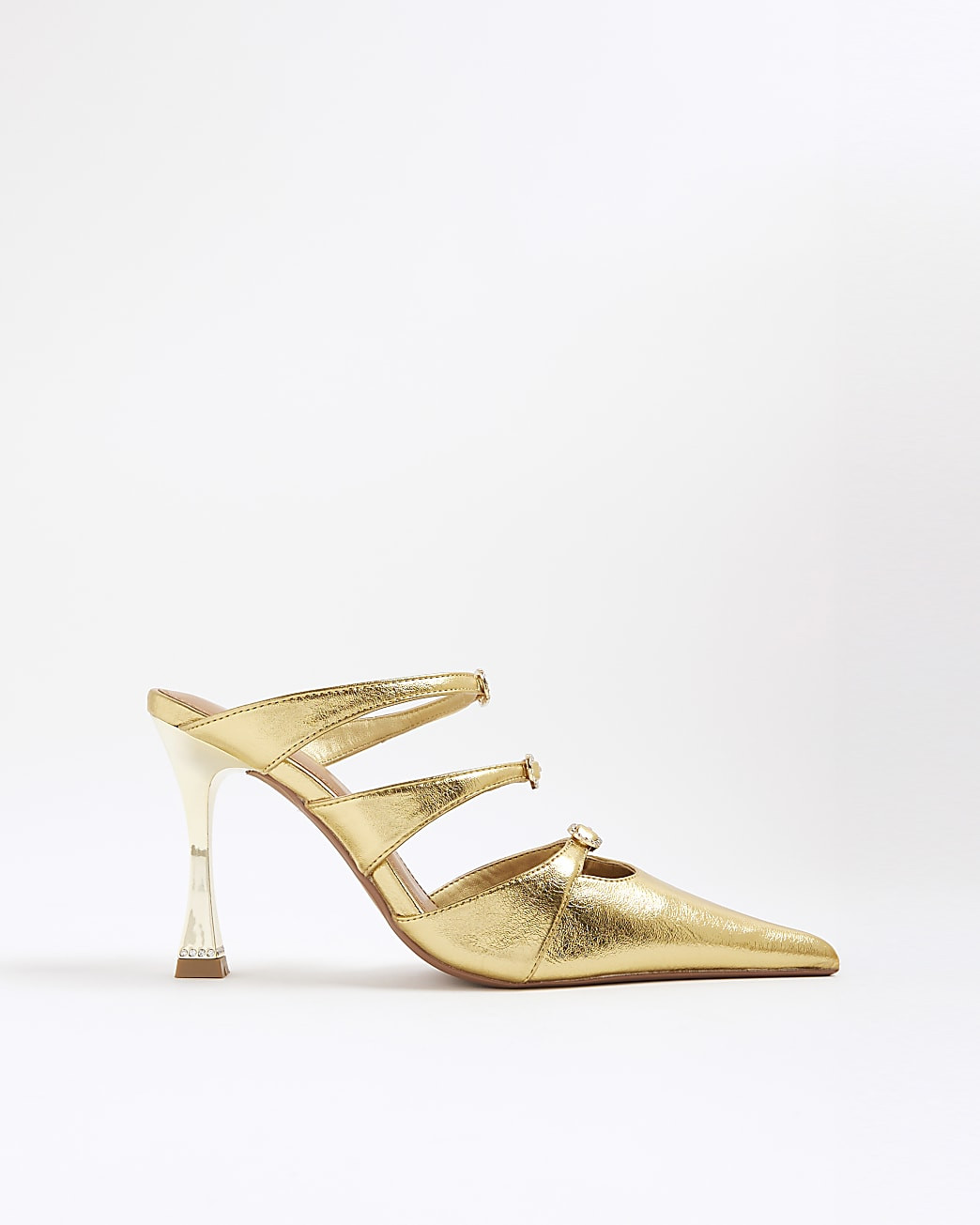 Gold Triple Buckle Heeled Mules | River Island UK & IE