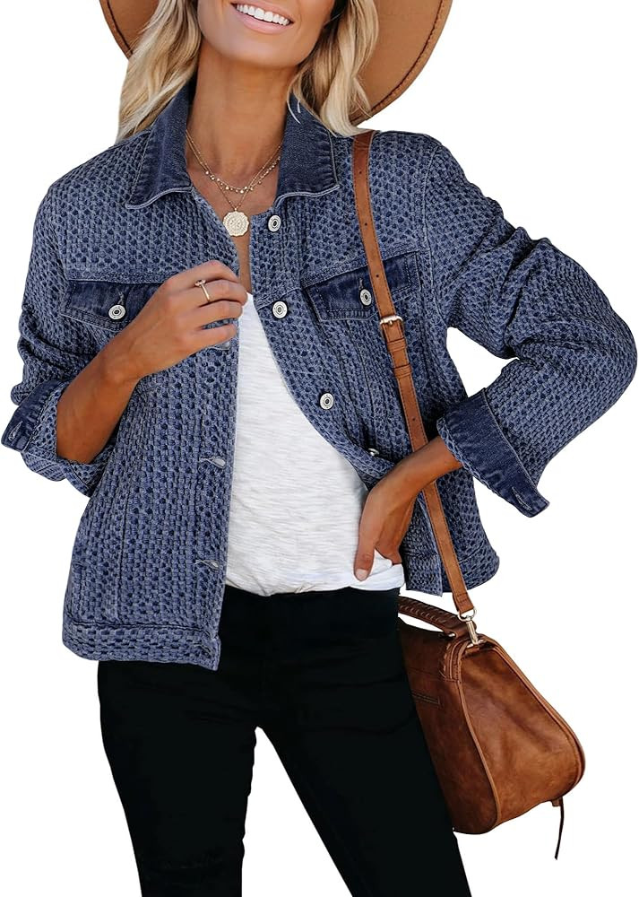 luvamia Jean Jacket Women Trendy Texture Distressed Button Down Long Sleeves Casual Trucker Denim... | Amazon (US)