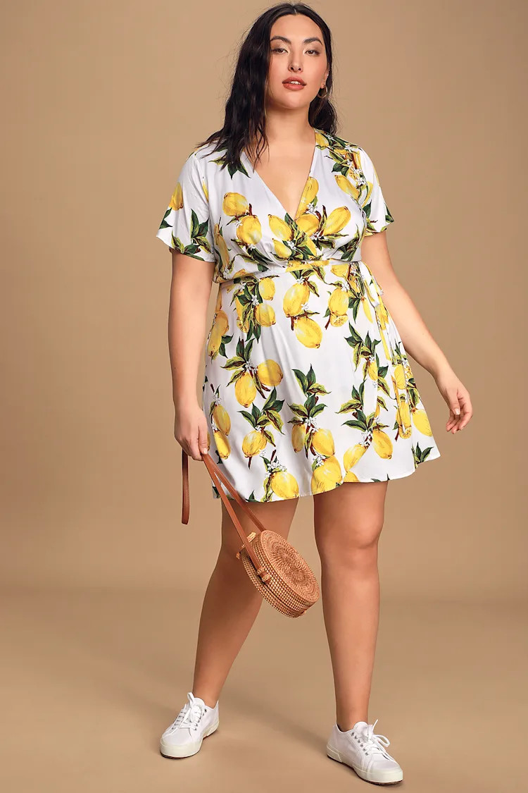 A La Tart White and Yellow Lemon Print Wrap Dress | Lulus (US)