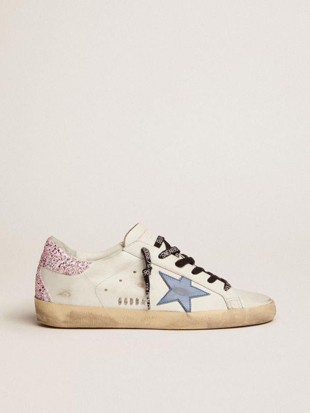 Super-star Sneakers With Cobalt-blue Leather Star And Pink Glitter Heel Tab | THE YES
