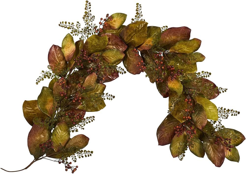 Nearly Natural 6ft. Autumn Magnolia Leaf and Berries Artificial Garland, Green | Amazon (US)