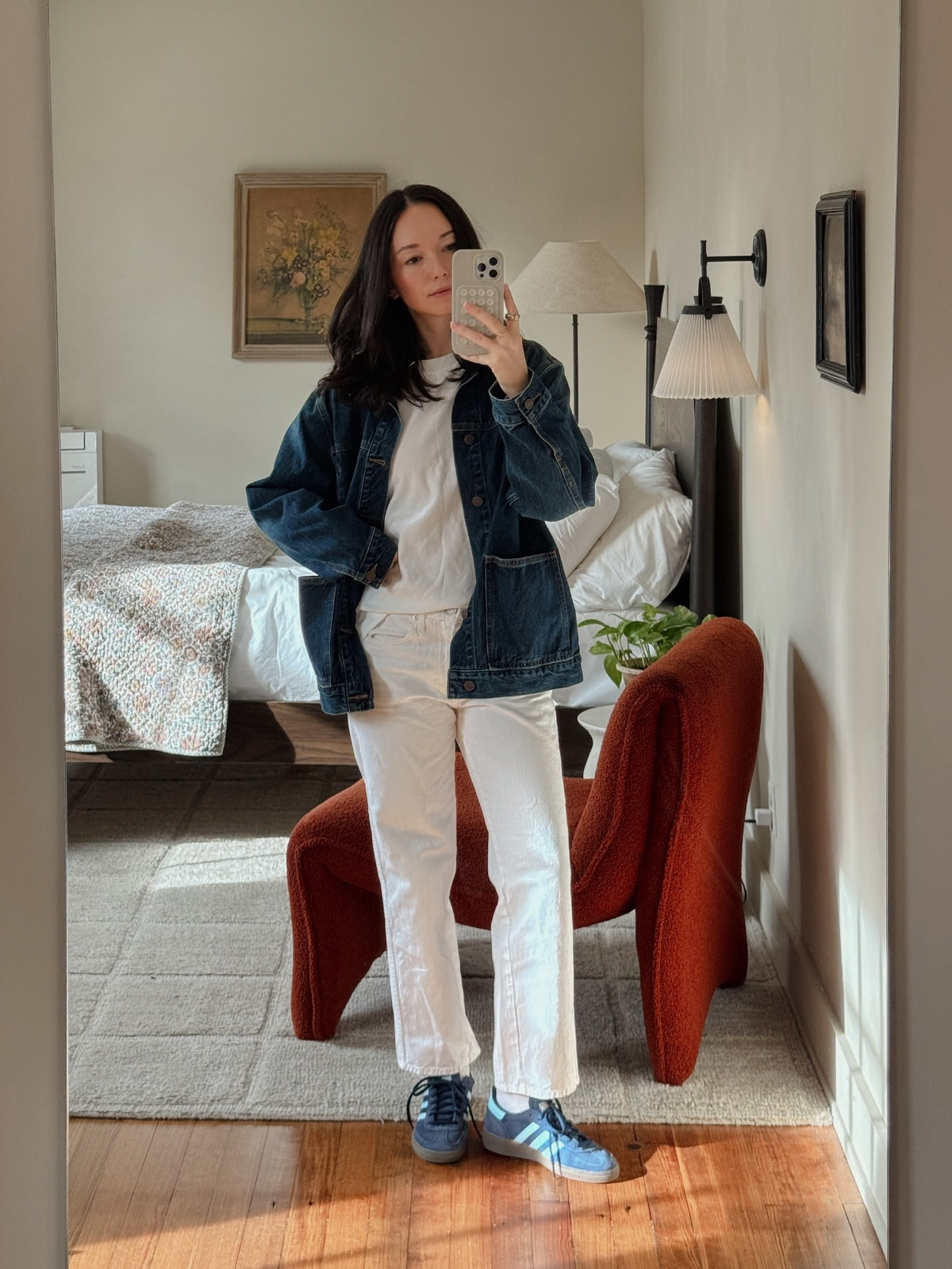 Easy and casual outfit. Featuring white pants, a denim chore jacket, basic white tee, and adidas 

 #LTKootd