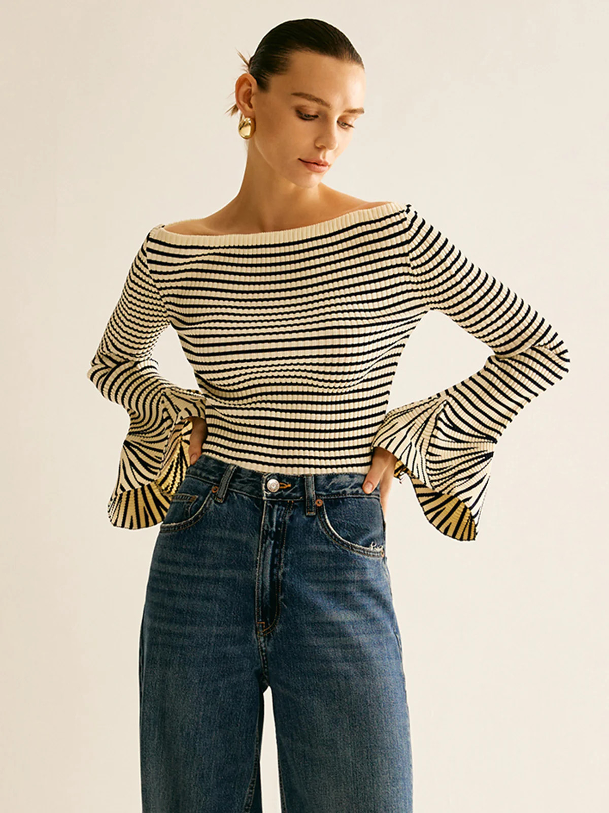 Striped Ruffle-Sleeve Knit Top | Commense