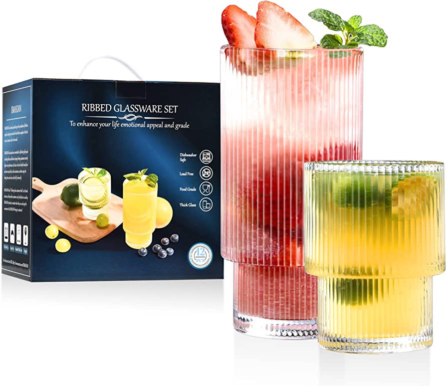 ISMASOAN Ribbed Glassware Set of 12, Glass Cups 12 oz and 7 oz, Ribbed Glasses, Fluted Glassware,... | Amazon (US)