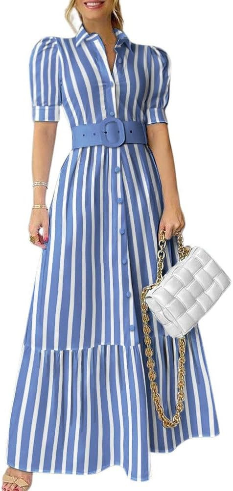 utcoco Womens Striped Button Down Shirt Dress Casual Puff Short Sleeve Ruffle Hem Maxi Dresses wi... | Amazon (US)