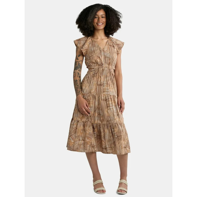 Time and Tru Women's Cut Out Midi Dress with Flutter Sleeves, Sizes XS-XXXL | Walmart (US)