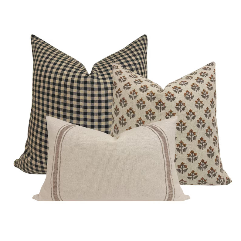 PILLOW COMBO || Set of Three Designer Pillow Covers, Black Checkered, Floral Linen Pillow, Cream ... | Etsy (US)