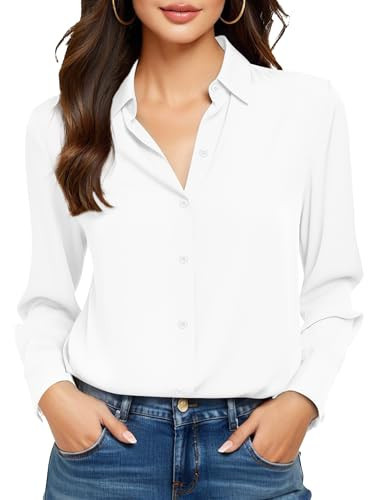 COUXILY White Blouse for Women Dress Shirt Button Up Down Collar Blouses Long Sleeve Dressy Casual Work Business Silk Shirts Dress Tops Women's Collared Wrinkle Free Outfits Solid Top White Size S | Amazon (US)