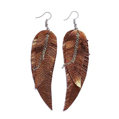 Brown metallic Leather Feather Earrings, layered earrings, tribal Earrings, Boho earrings, dangle... | Amazon (US)