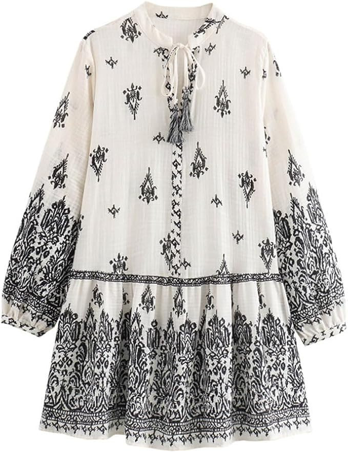 Womens Summer Bohemian Dress Floral Print Pleated Long Sleeve Mini Dresses Casual Button Down V N... | Amazon (US)