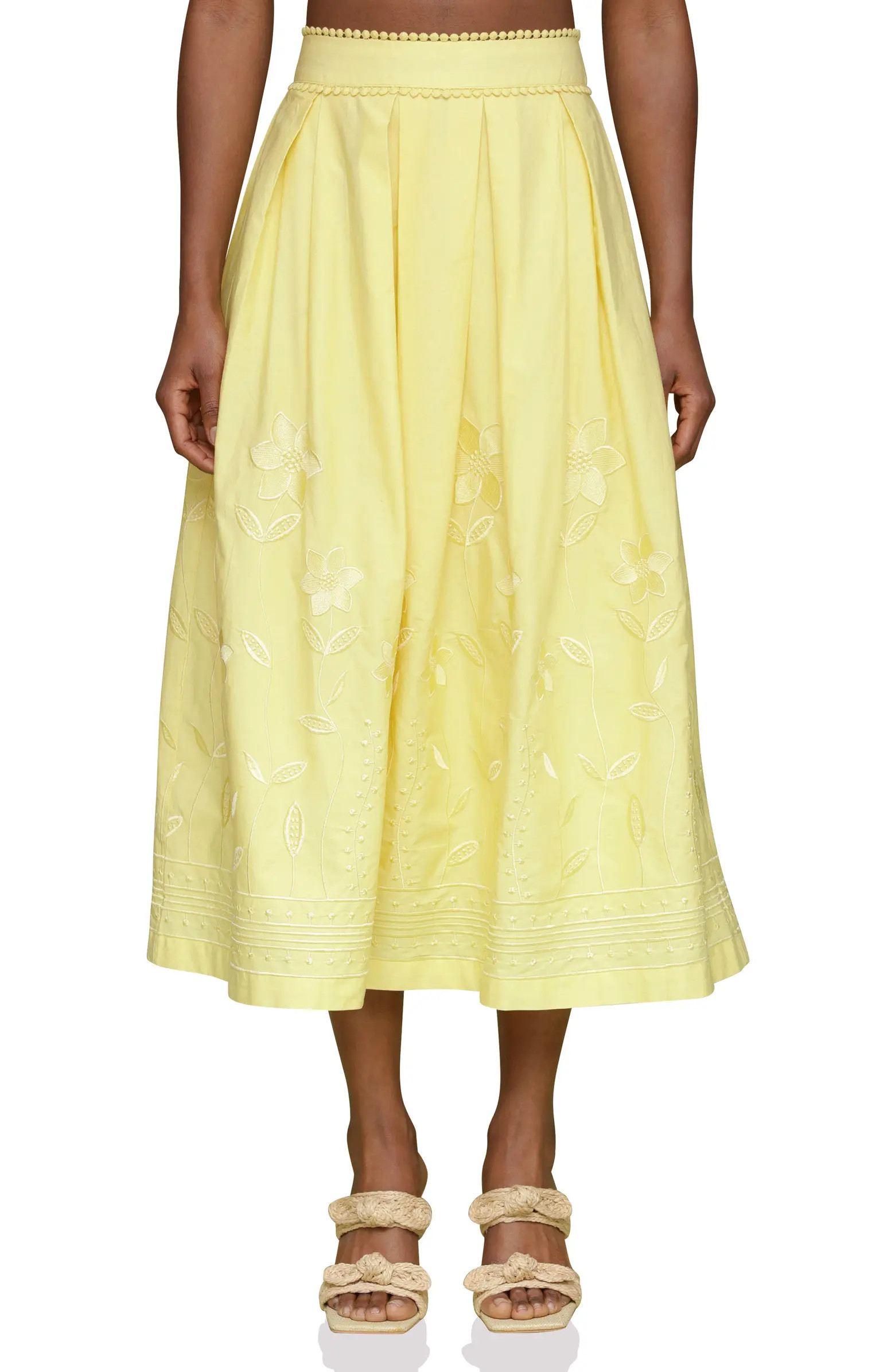 Avec Les Filles Floral Embroidered Pleated Cotton Midi Skirt | Nordstrom | Nordstrom