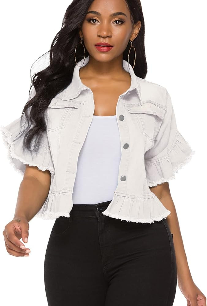 Suvimuga Women's Denim Jacket Button Down Distressed Ruffle Sleeve Crop Jean Jackets Coat | Amazon (US)