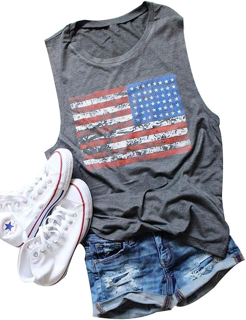 HRIUYI 4th of July Tank Tops for Women Sleeveless American Flag T-Shirts Tees Vest Blouse | Amazon (US)