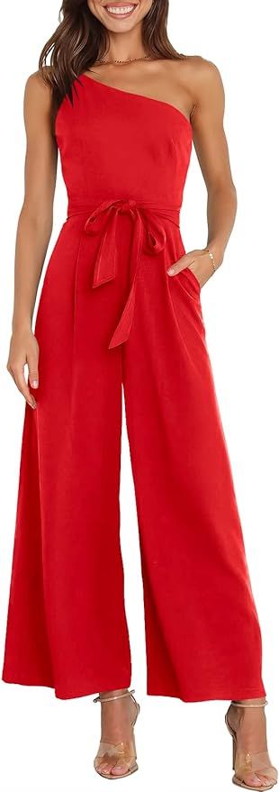 Caracilia Women's Summer Dressy One Shoulder Strap Tie Waist Zipper Back Wide Leg Jumpsuit Romper... | Amazon (US)