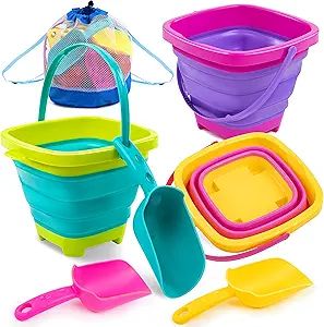 Sloosh 3 Packs Foldable Bucket - Collapsible Bucket with Sand Shovels and Mesh Backpack for Kids ... | Amazon (US)