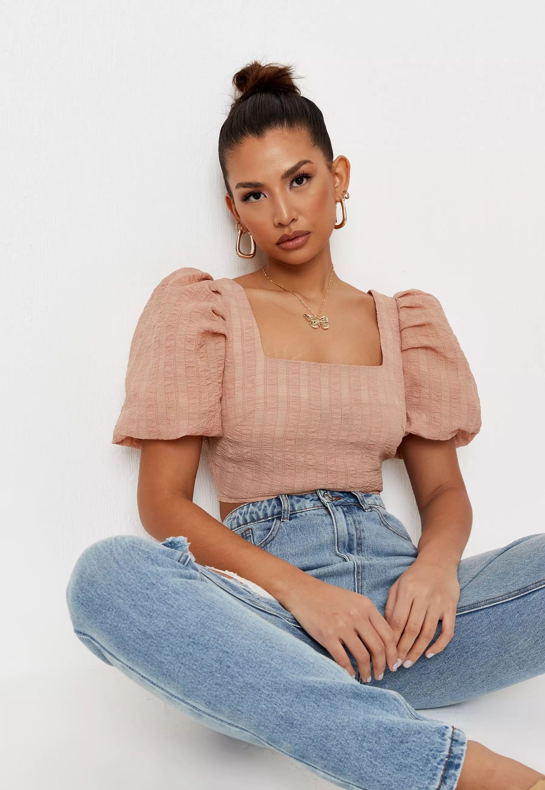 Peach Puff Sleeve Open Back Crop Top | Missguided (US & CA)