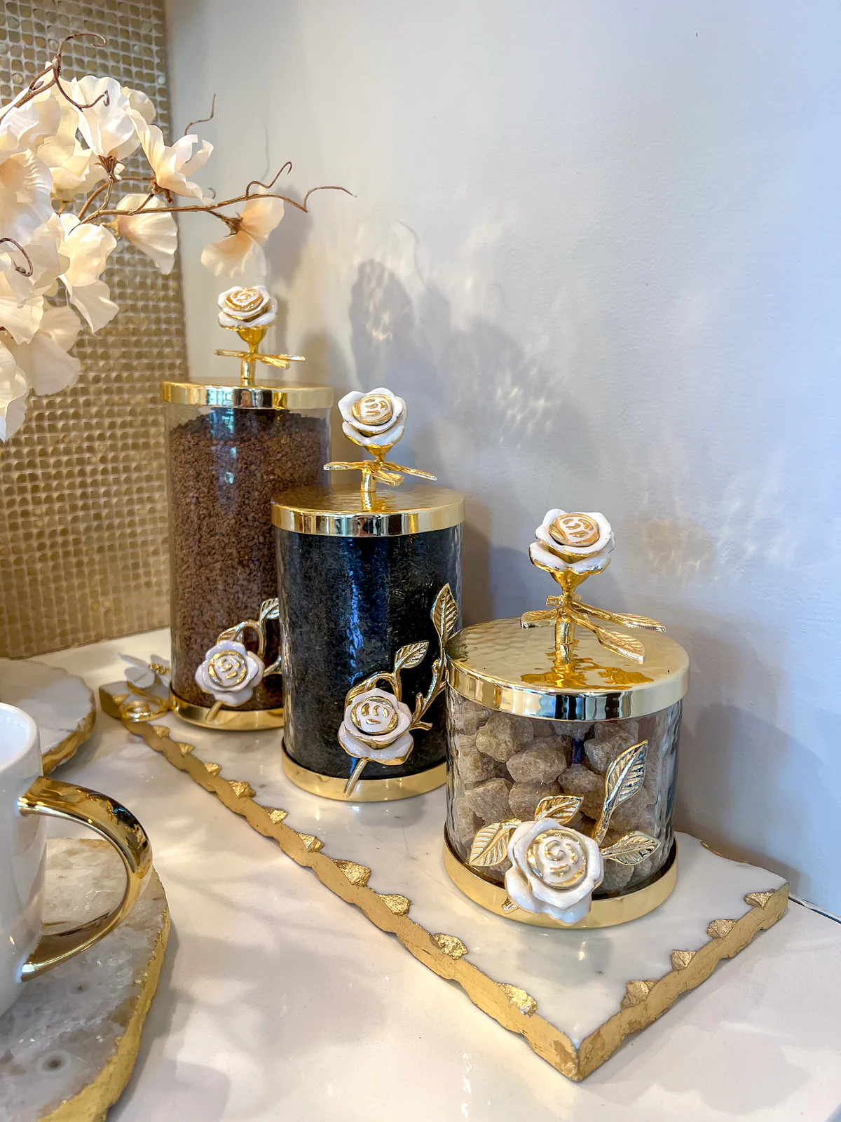 Glass Canister with Gold Lid with Gold & White Rose Details (3 Sizes) | Inspire Me! Home Decor