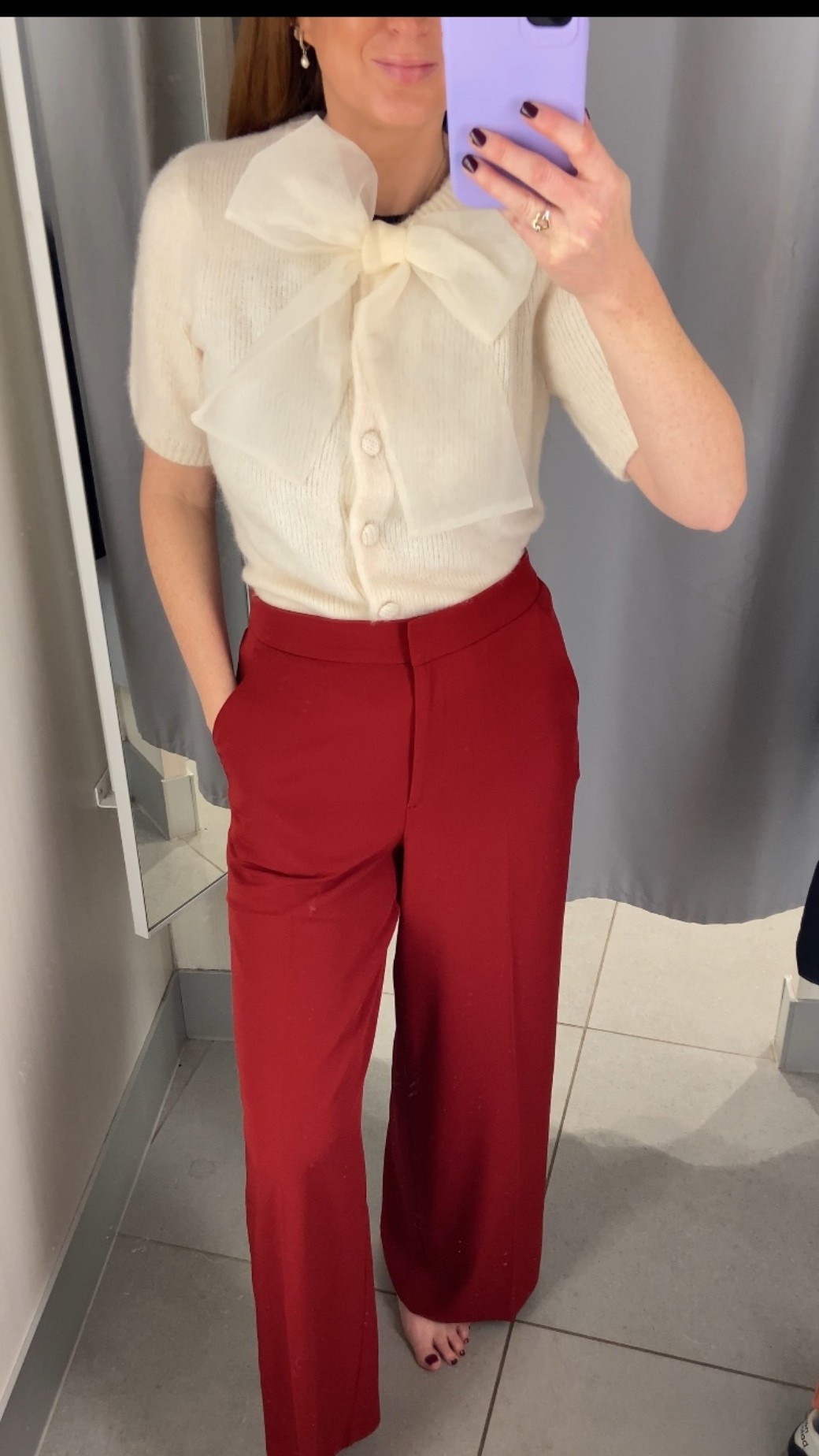There’s something about cream knitwear and red trousers that just feels like Christmas. This bow-detail cardigan is soft and cosy, and the tuxedo trousers make the whole look instantly chic. Wearing a Small in the knit and size 8 in the trousers, ready for festive drinks, dinners and everything in between. ♥️🍸🤍

#LTKpartywear #LTKuk #LTKfestive