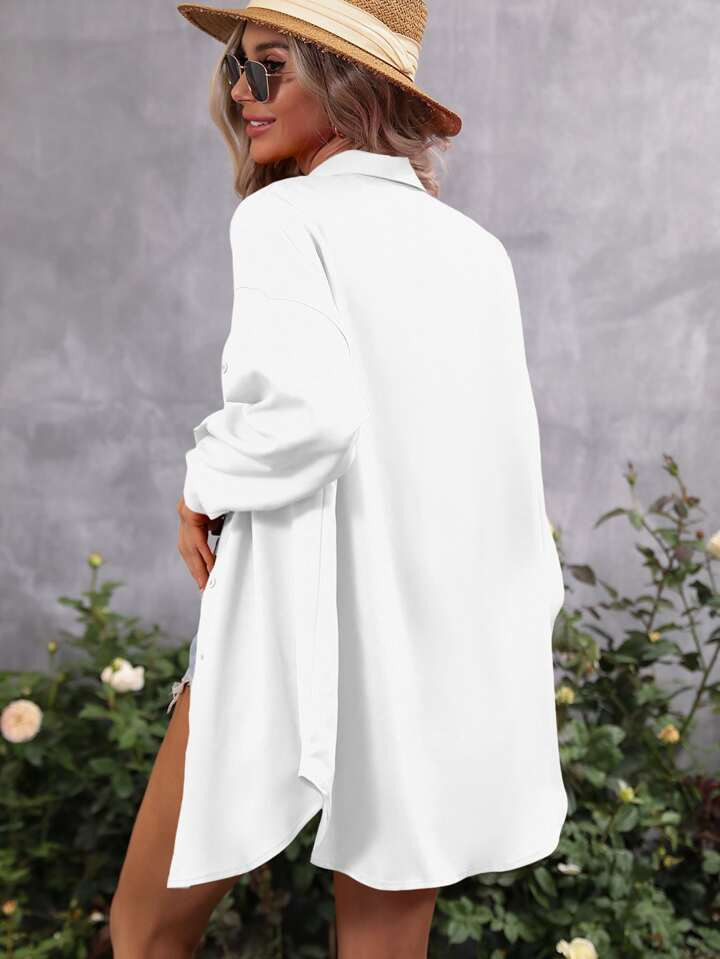 SHEIN Frenchy Solid Drop Shoulder Button Front Shirt | SHEIN