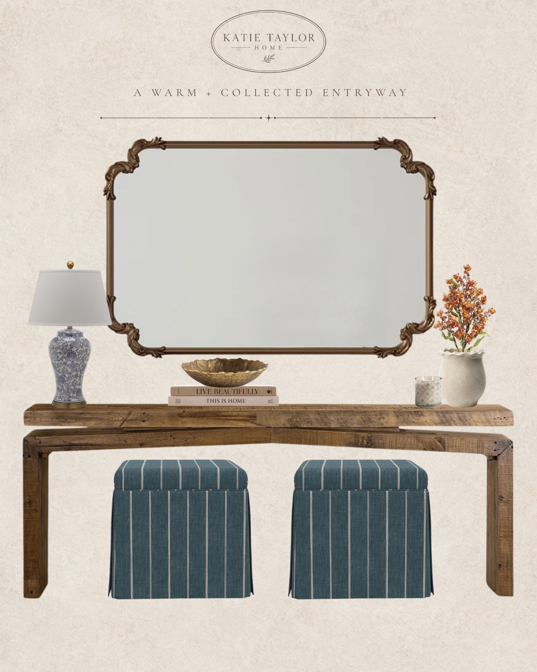 A warm + collected entryway with just enough color, pattern, and contrast to keep a neutral space interesting.

The rustic wood console brings in warmth and texture, while the ornate brass mirror adds a more refined detail. Blue shows up in a few different ways through the porcelain lamp, patterned candle, and striped stools, with that small touch of warm orange adding contrast to the palette.

Layering different finishes and textures — weathered wood, aged brass, porcelain, glass, pottery, and fabric — is what gives a simple console setup so much more depth.

Swipe to see the shopping guide come to life in the finished space. Exact pieces are linked here so you can shop the full look or pick out a favorite for your own home.

#LTKHome
