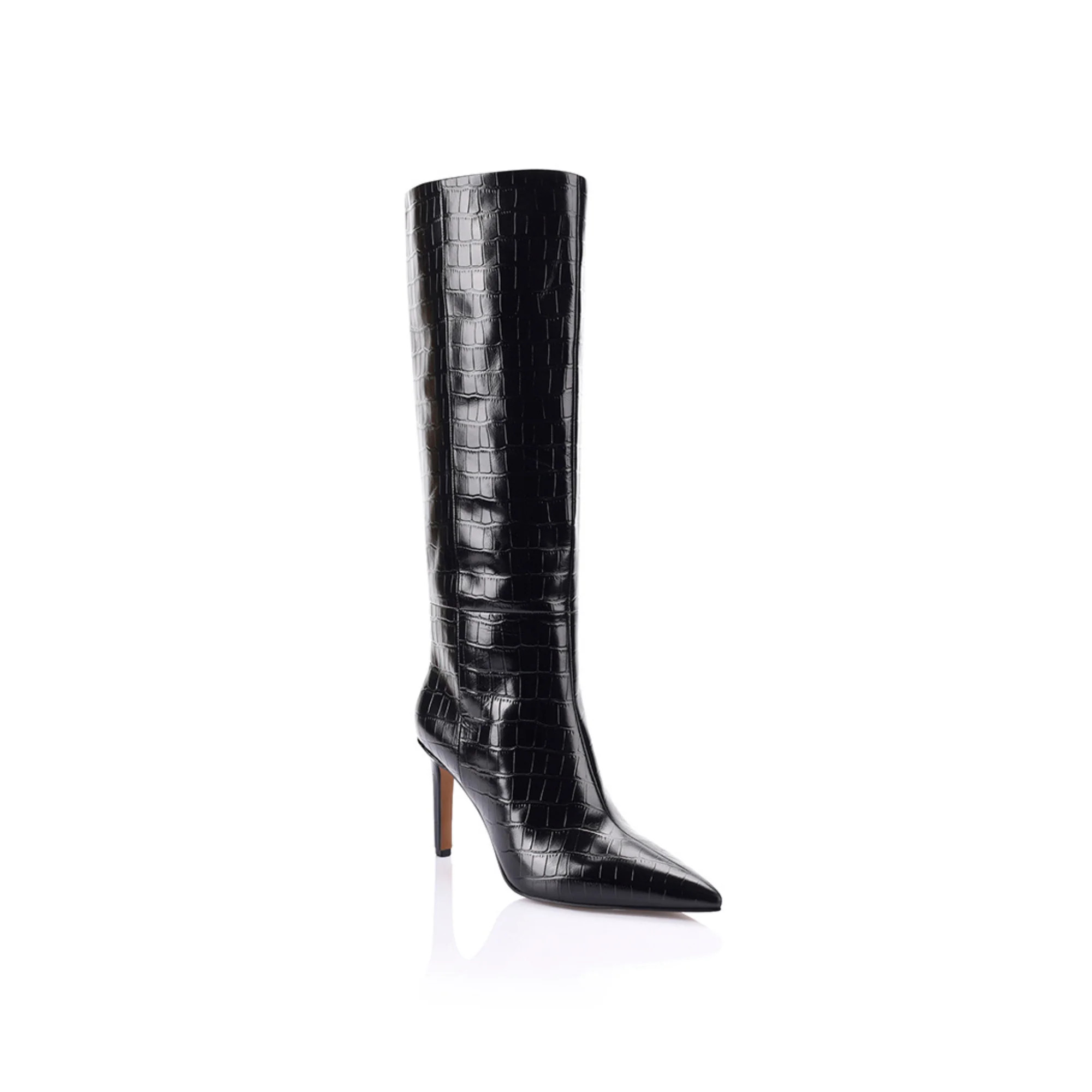 Huw Knee-High Boot Black Croc-Embossed Leather | Lana Wilkinson
