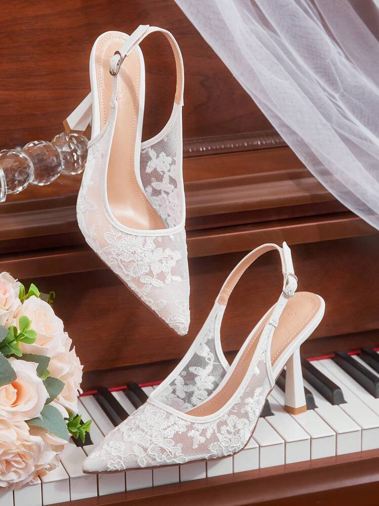 CUCCOO HITCHD Women Pointed Toe Lace Embroidered High Heel Shoes, Elegant Romantic White Ladies Pumps, Bridal Wedding Occasion Heels For Christmas Elegant Shoes Wedding Shoes Summer Shoes Bride Shoes | SHEIN