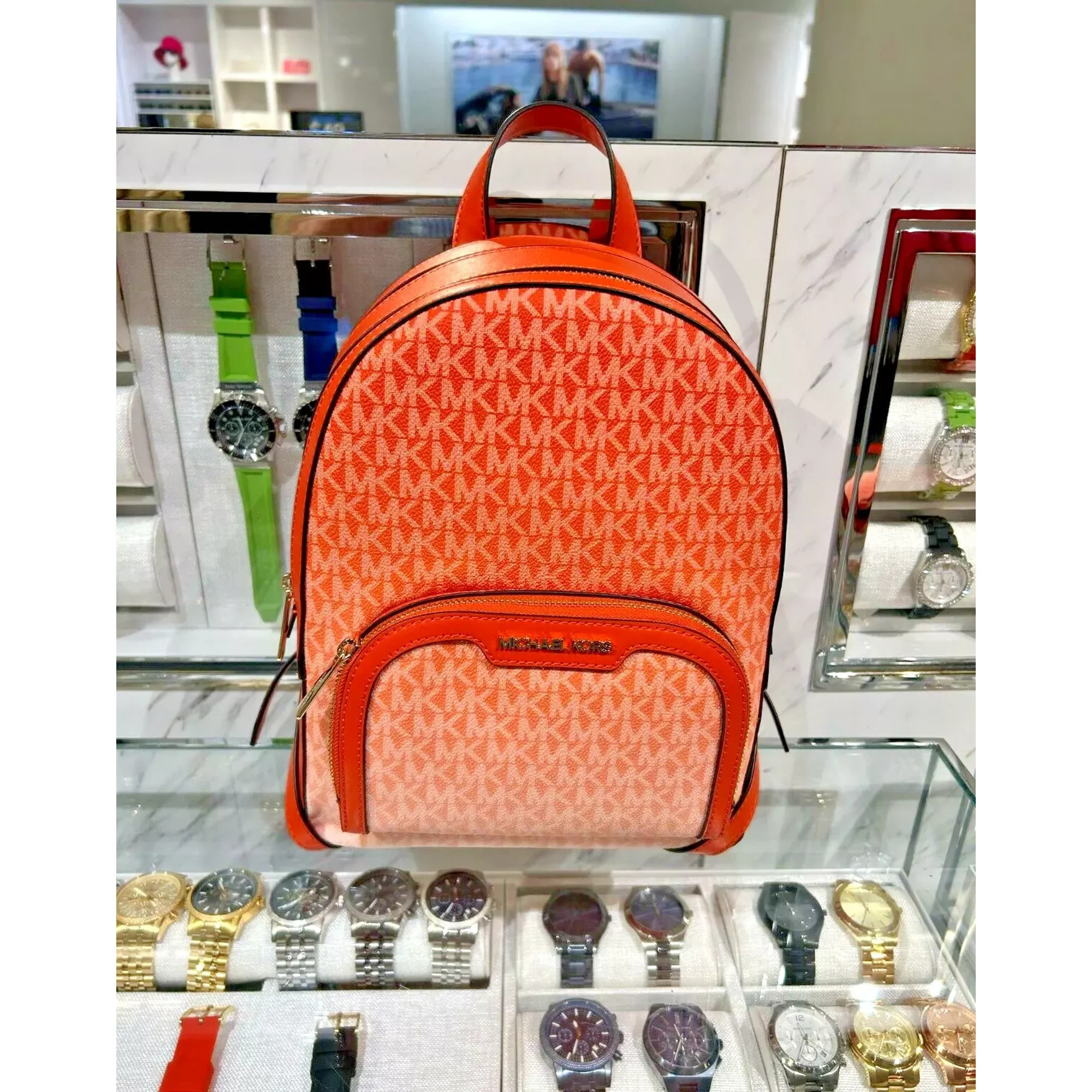 Michael Kors Jaycee Women Medium MK Signature Logo Zip Pocket Backpack Red Clay | Walmart (US)