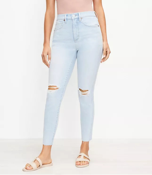 Petite Curvy Destructed High Rise Skinny Ankle Jeans in Bleach Out Wash | LOFT