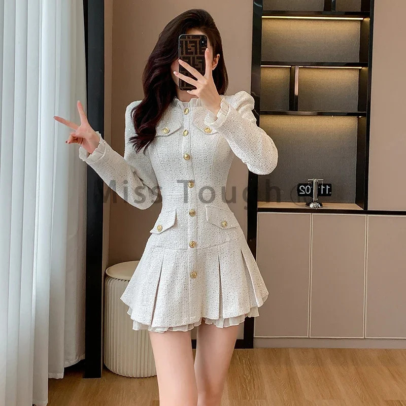 Autumn Winter Vintage Dress Women Button French Retro Chic Fake Two Piece Mini Dress Female Korea... | AliExpress (US)