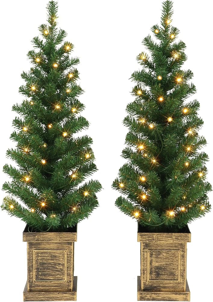 Amazon.com: Set of 2, 3.5 ft B/O Potted Pre-lit Trees, 90 Tips, 35 Warm White LED Lights, Plastic... | Amazon (US)