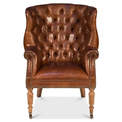 Shelby Rustic Lodge Vintage Brown Leather Nailhead Trim Tufted Arm Chair | Kathy Kuo Home