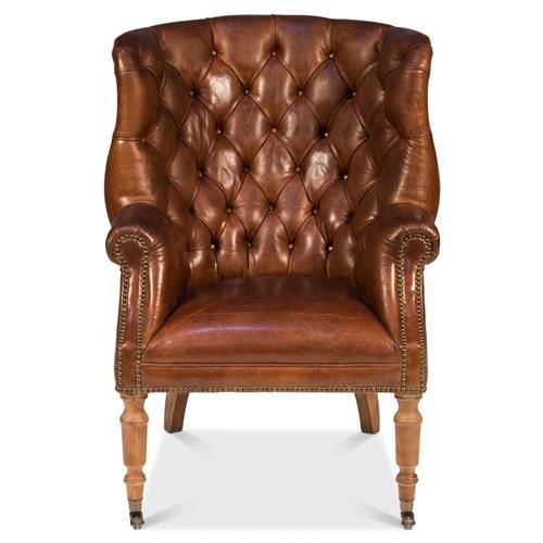 Shelby Rustic Lodge Vintage Brown Leather Nailhead Trim Tufted Arm Chair | Kathy Kuo Home