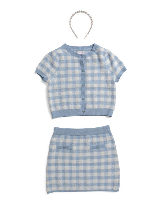 Girls 2pc Short Sleeve Cardigan And Skirt Set With Pearl Headband | TJ Maxx