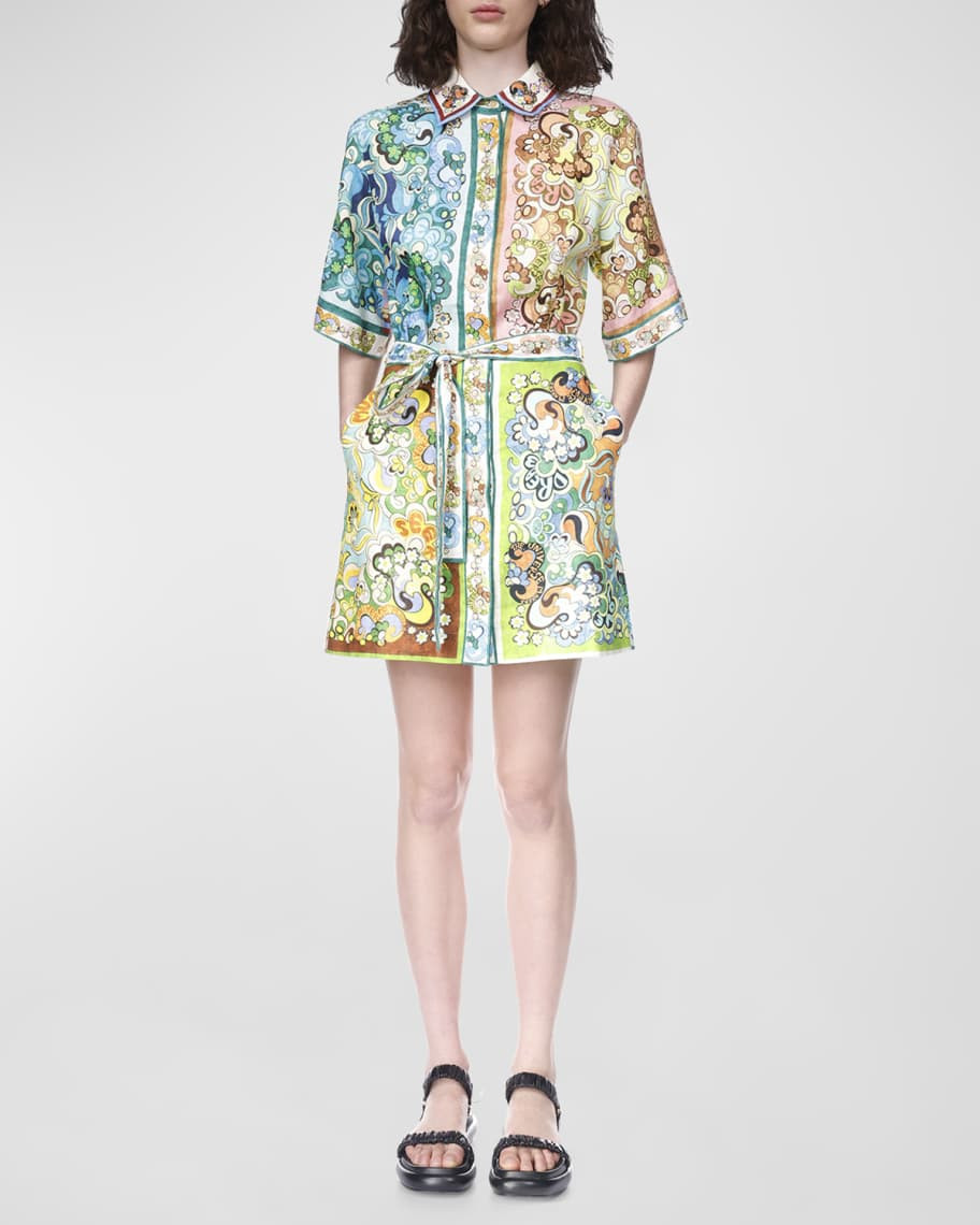 Dreamer Floral Linen Tie-Belt Mini Dress | Neiman Marcus