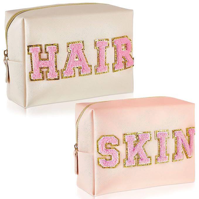 2 Pcs Preppy Patch Makeup Bag Chenille Letter Cosmetic Bag PU Leather Waterproof Toiletry Bag Por... | Amazon (US)