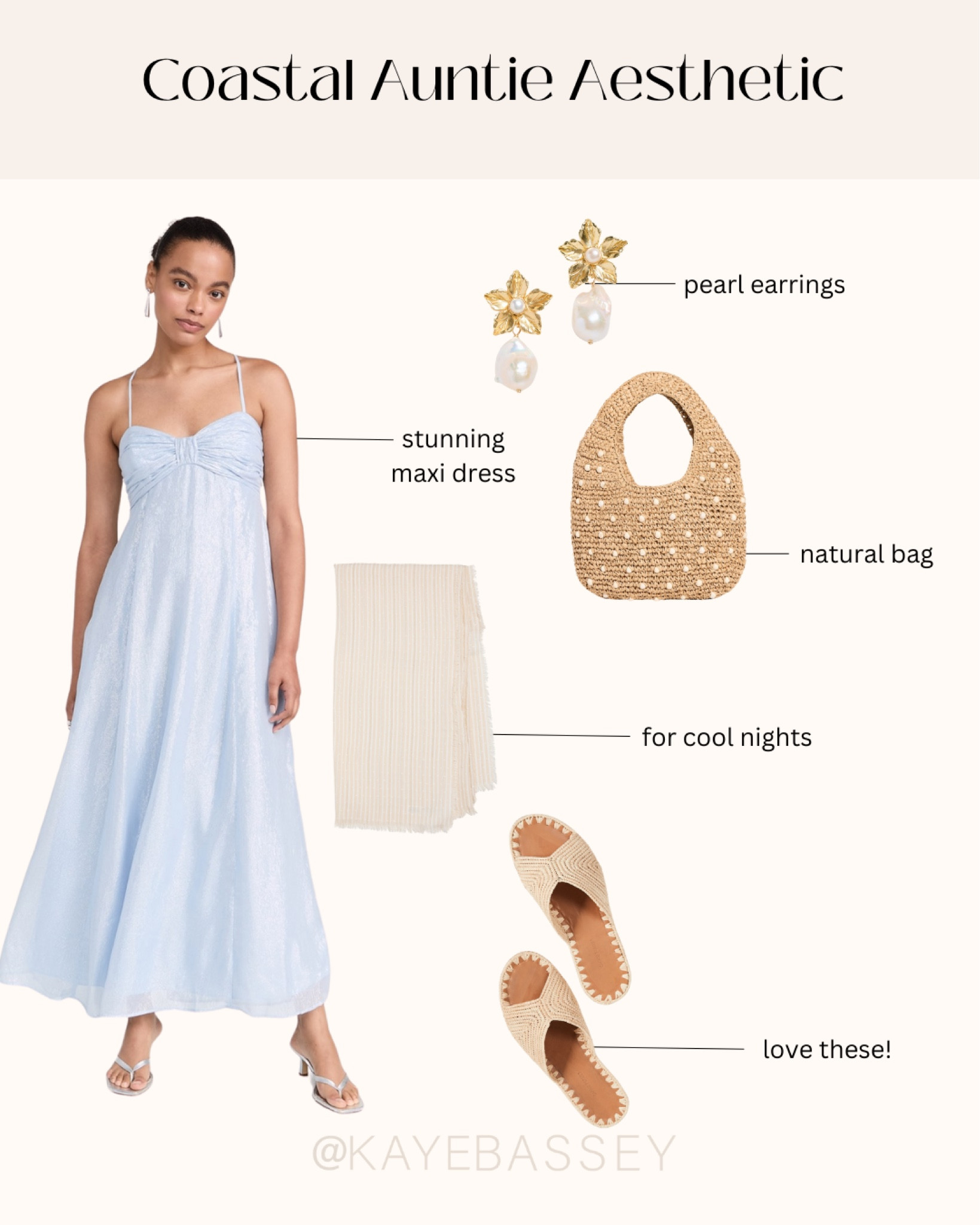 Coastal auntie aesthetic for summer outfit summer travel trends blue maxi dress straw bag natural sandals pearl earrings #coastal #travel #summer #shopbop #trends 

#LTKstyletip #LTKSeasonal #LTKtravel
