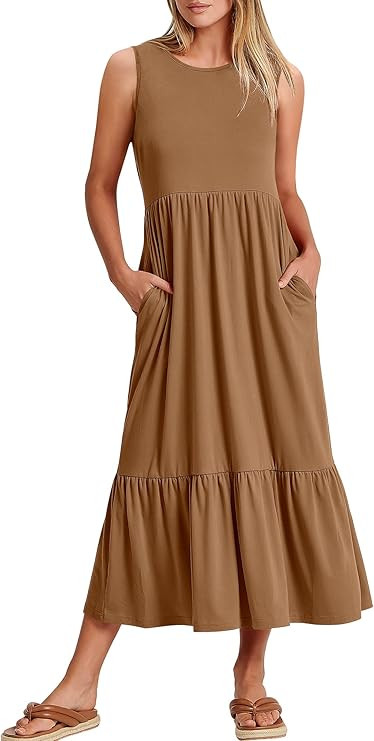 ANRABESS Women Summer Casual Sleeveless Crewneck Sundress Aline Flowy Tiered Maxi Long Beach Dres... | Amazon (US)