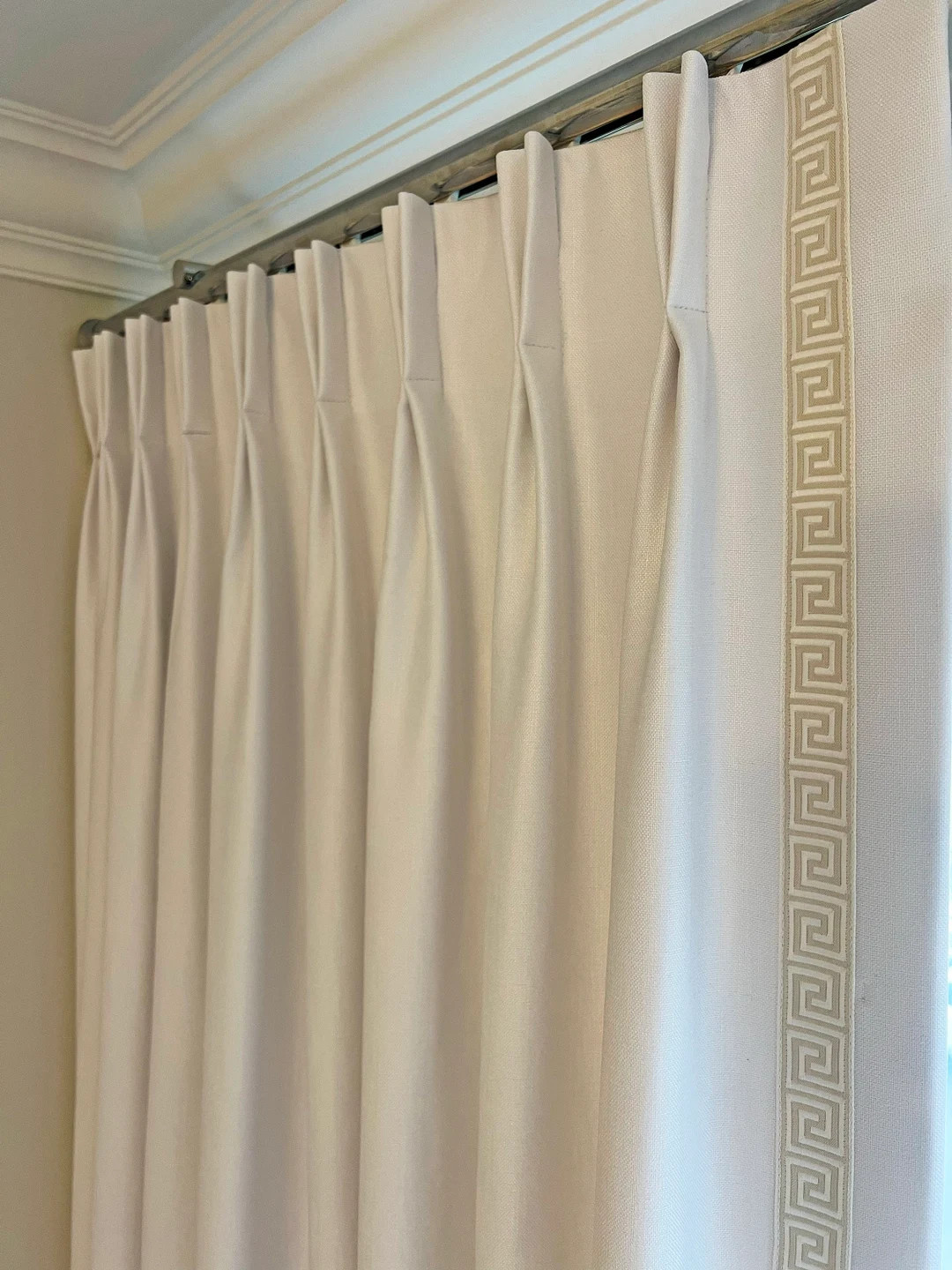 Custom Drapery Panels, Pinch Pleated, Solid Coloured Drapes With Greek Key Trim, Trim Gorgeous, D... | Etsy (US)