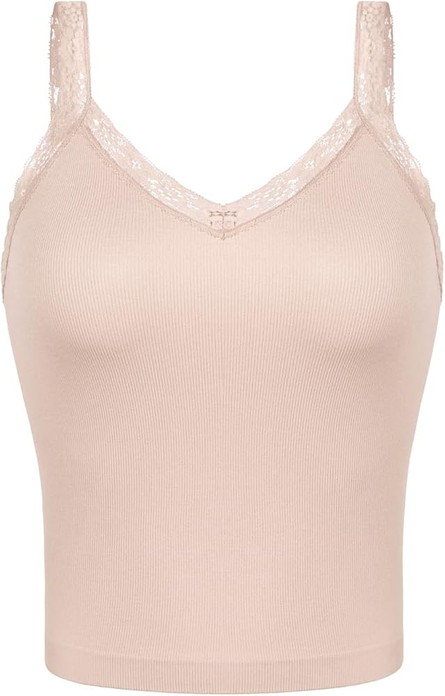 ODODOS 3-Pack Lace Trim Seamless Top for Women Ribbed Soft V Neck Cami Tank Tops | Amazon (US)