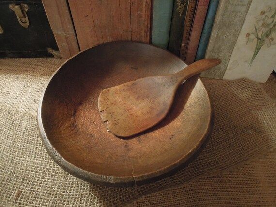 Antique Wood Butter Bowl and Paddle Spoon / Vintage Wooden Bowl / Primitive Farm Decor / Hand Tur... | Etsy (US)