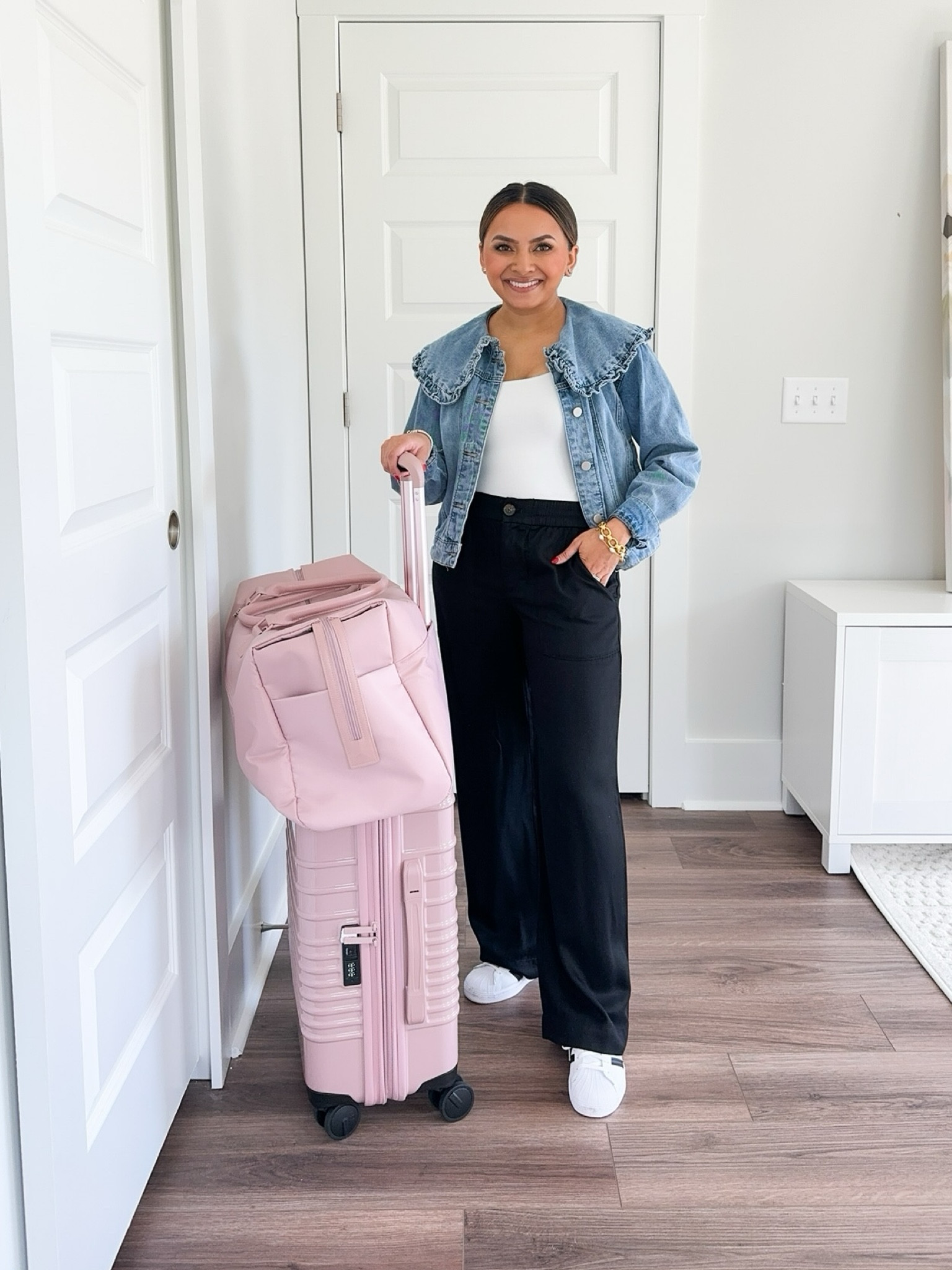 Peter Pan Denim Collar Jacket size xxs regular - cuffed the sleeves for a shorter length, comes in petite online  
White bodysuit is an old find - similar linked 
Black tailored pants size 2 Petite - I can wear with flats   
Black and white sneakers size 5 1/2 - run big so I sized down a size! 
Usually a 6 1/2 in sneakers

NORDSTROM SALE 
NSALE 
Airport outfit 
Teacher outfits 
Fall outfits 
Boots 

Honey Sweet Petite 
Honeysweetpetite

#LTKxNSale #LTKStyleTip #LTKTravel