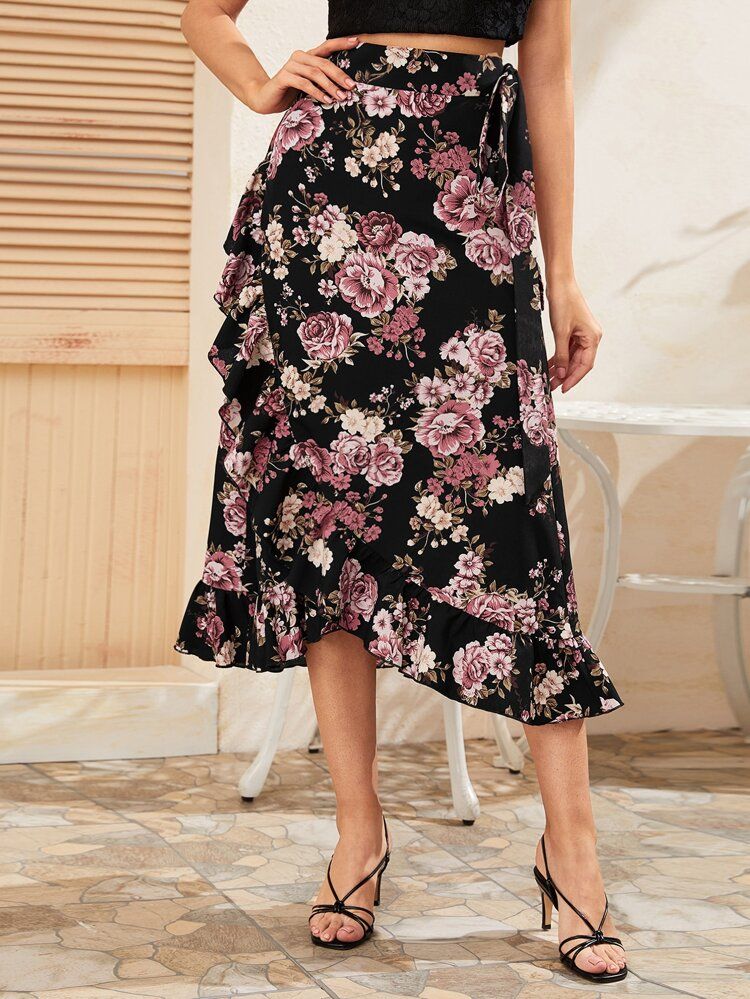 Ruffle Trim Floral Wrap Skirt | SHEIN