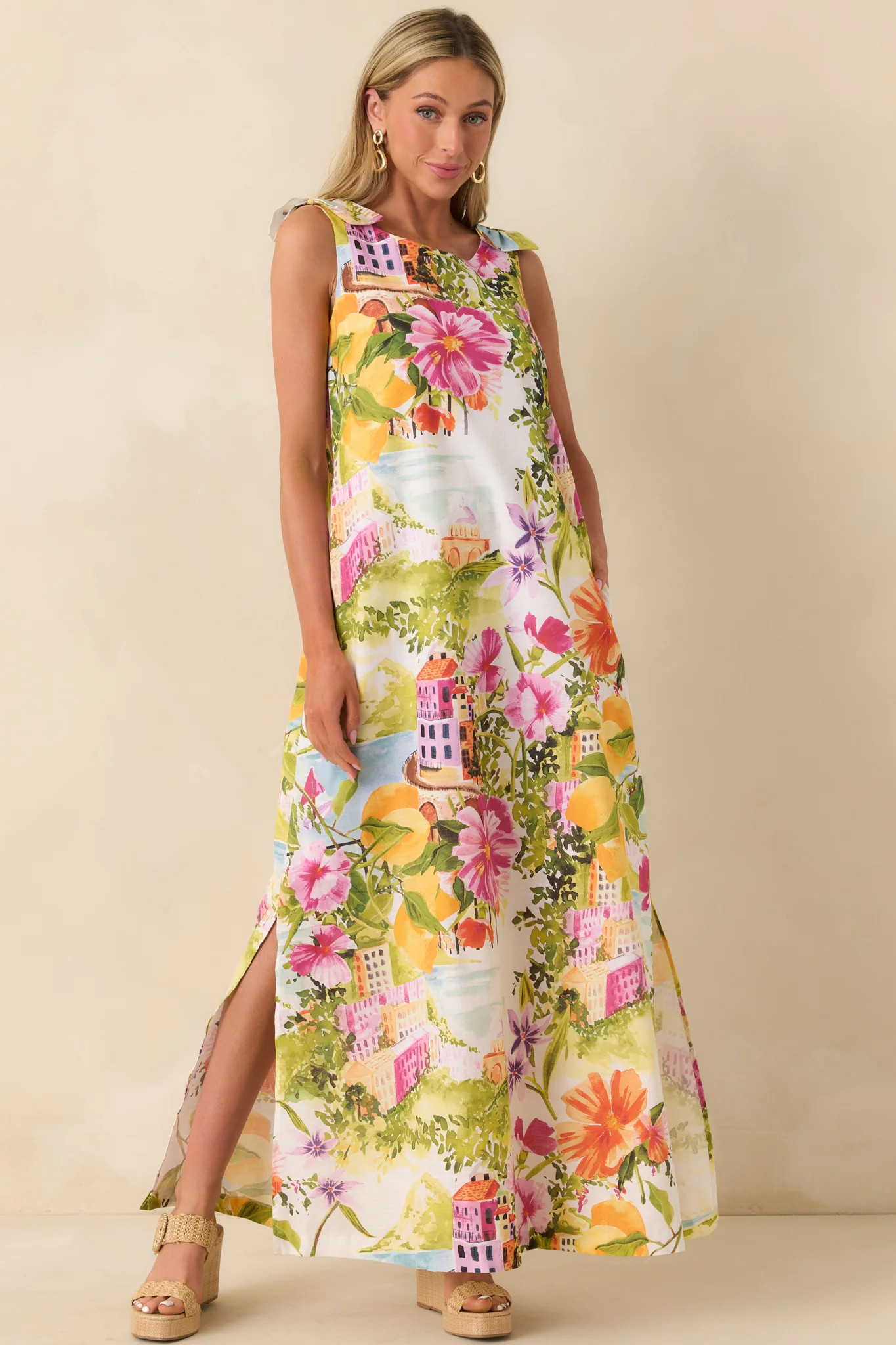 Prosperina Lucie Multi Linen Blend Scenic Coastal Print Maxi Dress | Red Dress