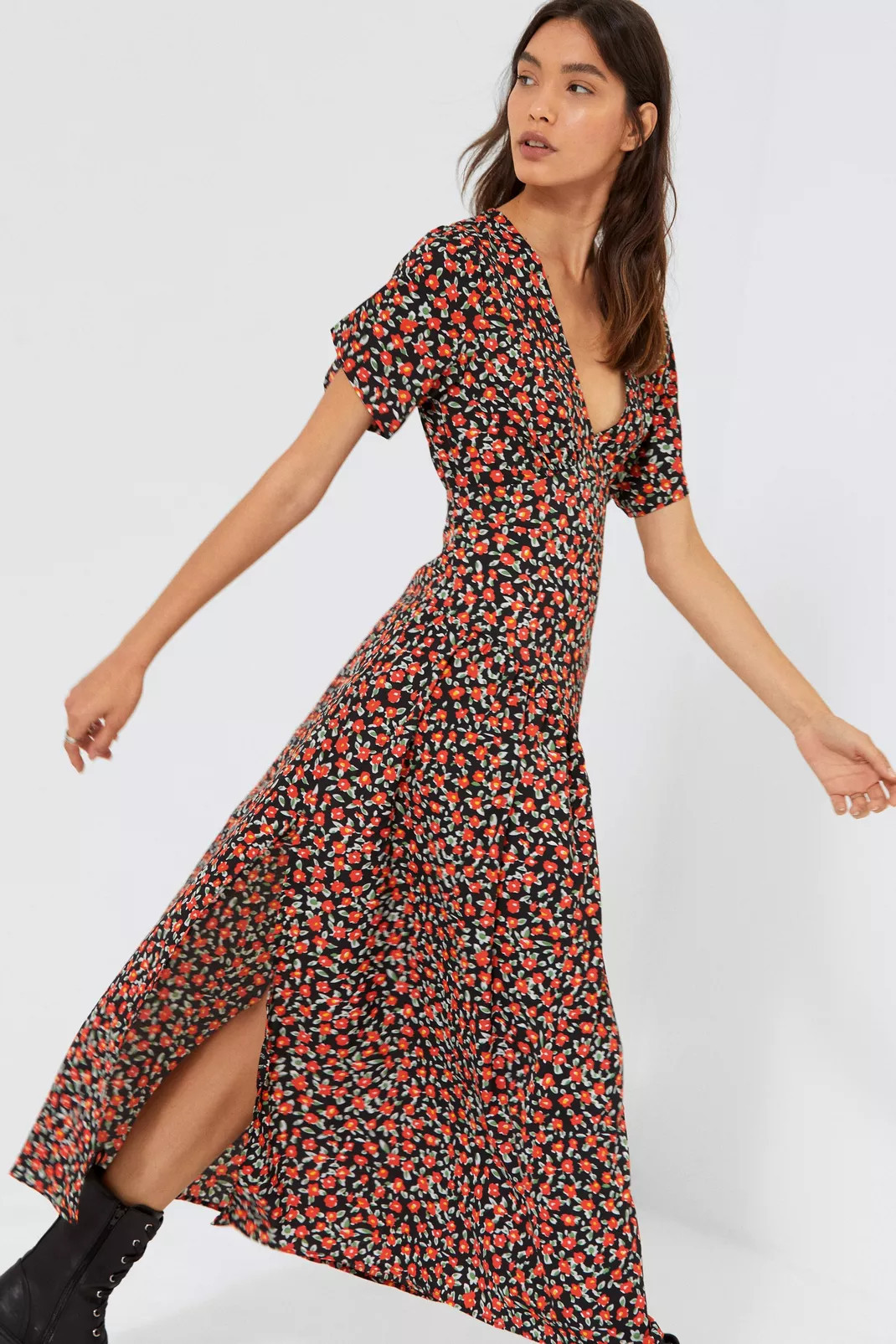 Floral V Neck Side Split Midi Dress | NastyGal (UK, IE)