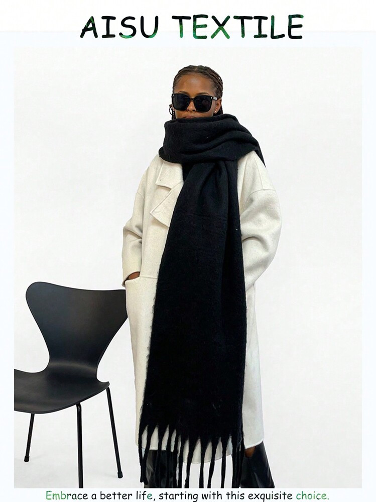 1pc Women's Fuzzy Long Solid Color Scarf , Winter Warm Neck, Black Color Big&Thick Wrap Oversize Warm Blanket Scarf With Tassel ,Thickened Knitted Thick Fringed Shawl, | SHEIN