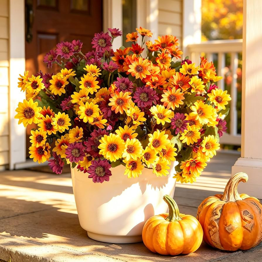 12Pcs Fake Flowers Artificial Mums for Outdoors,UV Resistant Faux Mums for Outdoor Planters Reali... | Amazon (US)